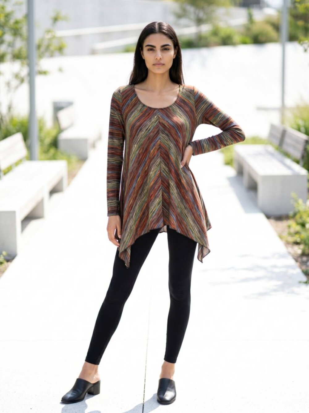 Veronica M Scoop Neck Chevron Long Sleeve Top with Asymetrical Hem